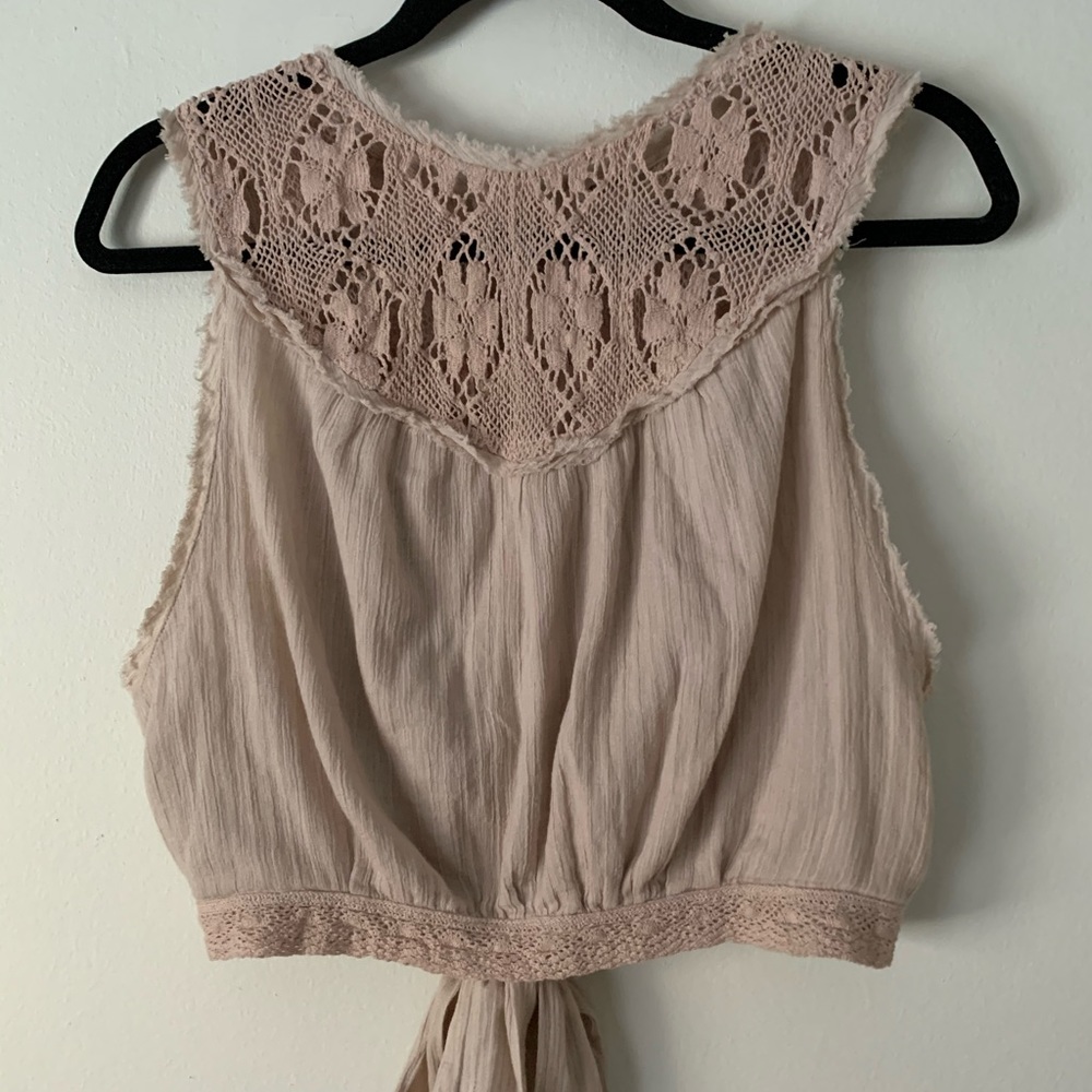 Free people beige embroidered top with ties, S